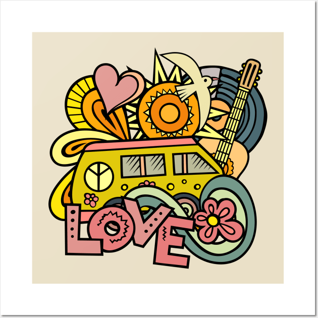 Peace and love van hippie doodle Wall Art by SpaceWiz95